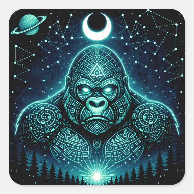 Pegatina Cuadrada Gorila Celestial – Galaxia de Fauna Primate Cósmic (Anverso)