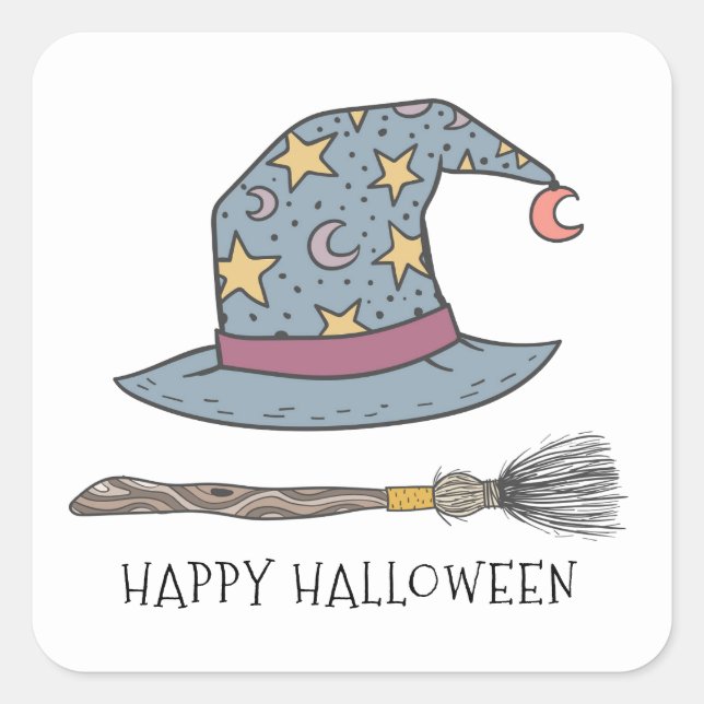 Pegatina Cuadrada Gorra de brujas Broom stick Halloween (Anverso)
