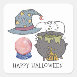 Pegatina Cuadrada Gorra de brujas Cauldron Crystal Ball Halloween