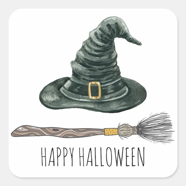 Pegatina Cuadrada Gorra De Brujas Y Partido Broomstick Halloween (Anverso)