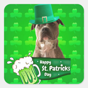 Pegatina Cuadrada Gorra de Bulldog Cute Pit St. Patrick's Day w Clov