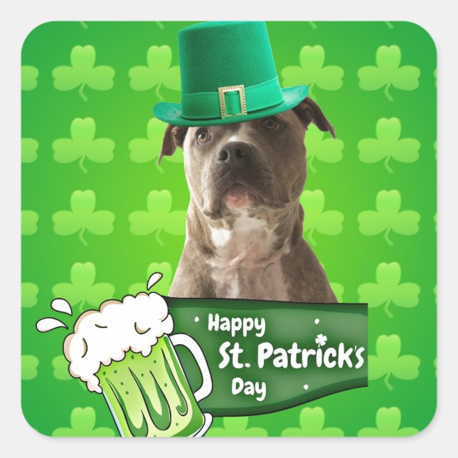 Pegatina Cuadrada Gorra de Bulldog Cute Pit St. Patrick's Day w Clov (Anverso)
