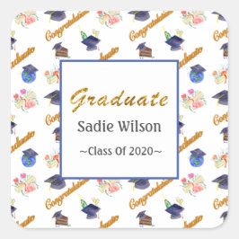Pegatina Cuadrada Gorra de graduación a la acuarela personalizada, d