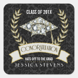 Pegatina Cuadrada Gorra de graduación de diamantes blancos