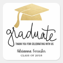 Pegatina Cuadrada Gorra de Graduación Relieve metalizado dorado Faux