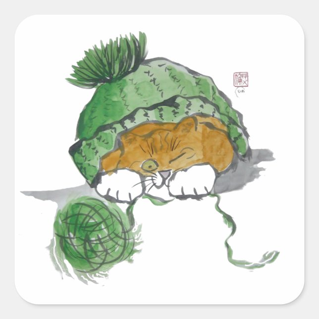 Pegatina Cuadrada Gorra de Knit cálida y un gatito (Anverso)