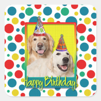 Pegatina Cuadrada Gorra de la fiesta de cumpleaños - Golden Retrieve
