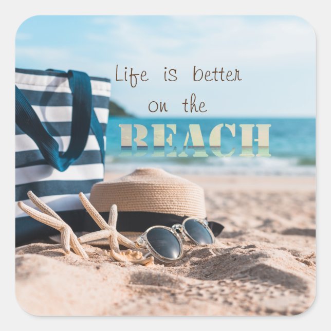 Pegatina Cuadrada Gorra de playa, gafas de sol, bolsa, estrellas del (Anverso)