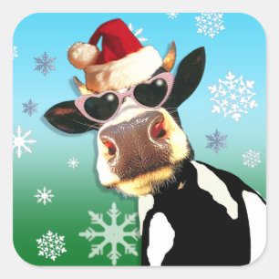 Pegatina Cuadrada Gorra de Santa de la vaca del navidad de