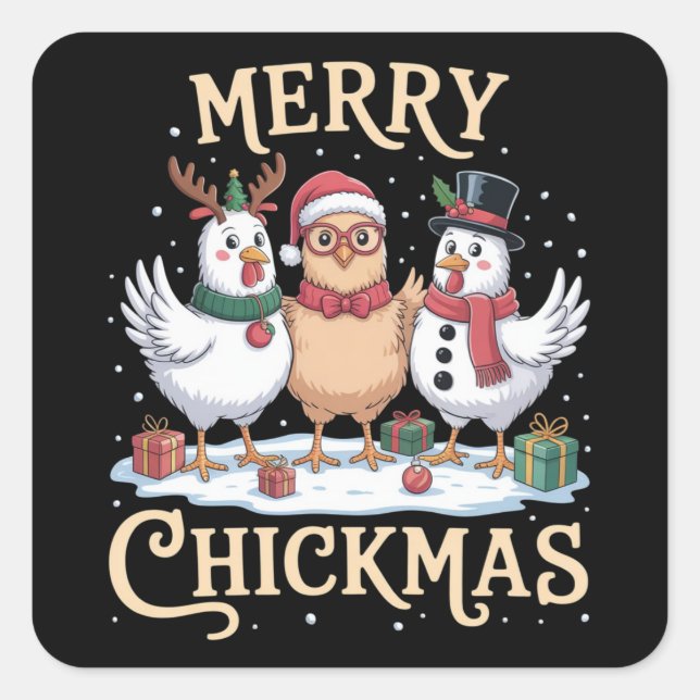 Pegatina Cuadrada Gorra de Santa Navidad de Pollo Feliz Chickmas Gra (Anverso)
