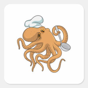 Pegatina Cuadrada Gorra del chef Octopus Cook