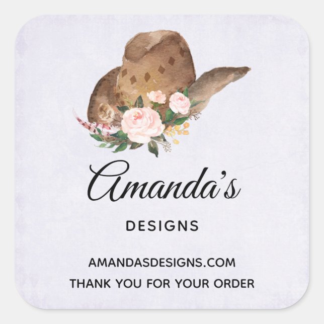 Pegatina Cuadrada Gorra marrón de vaca con flores rosadas (Anverso)