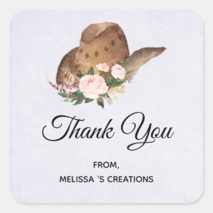 Pegatina Cuadrada Gorra marrón de vaca con negocio de flores rosas