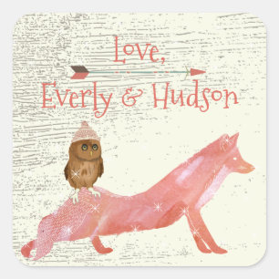 Pegatina Cuadrada Gorras de Zorro de Ojos Cutos y Madera Barn