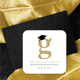 Pegatina Cuadrada Gorrito de Graduación Moderno Monograma Clásico Se