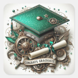 Pegatina Cuadrada Gorrito de graduación y diploma al estilo steampun