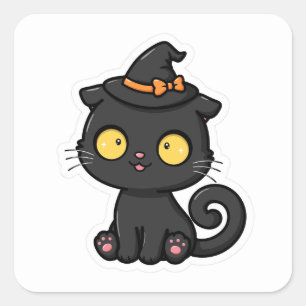 Pegatina Cuadrada Gorro de bruja de gato negro de Halloween lindo