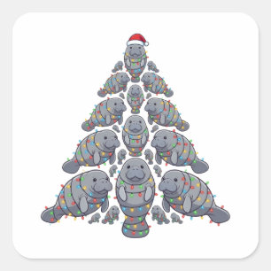 Pegatina Cuadrada Gorro de Santa de luces de Navidad del árbol de Na