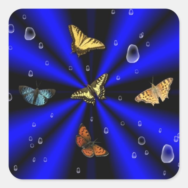 Pegatina Cuadrada Gotas de lluvia y mariposa en negro y azul (Anverso)