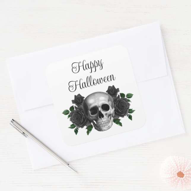 Pegatina Cuadrada Gothic Black Floral Skull Halloween (Sobre)