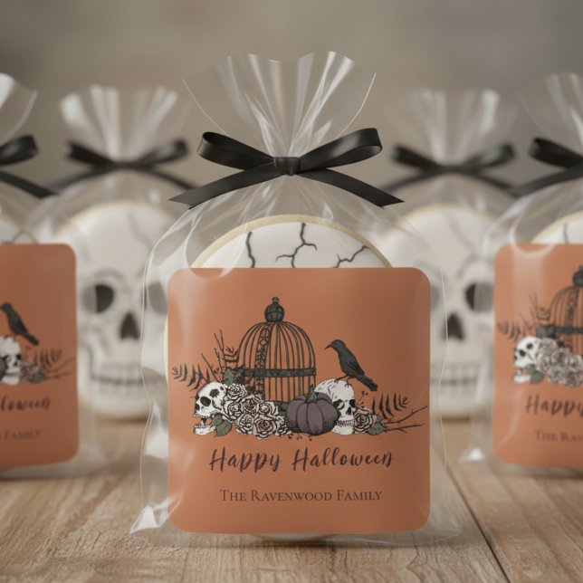 Pegatina Cuadrada Gothic Burnt Orange Skulls and Roses Halloween (Gothic Burnt Orange Skulls, Roses, Birdcage & Foliage Illustration for Halloween & Spooky Fall Party)