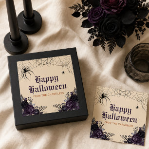 Pegatina Cuadrada Gótico floral Halloween con nombre personalizado p