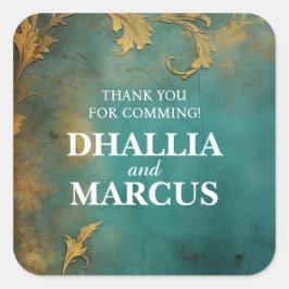 Pegatina Cuadrada Gótico Floral Verde azulado Y Oro