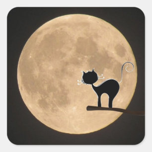 Pegatina Cuadrada Gótico gato negro de Halloween con luna llena