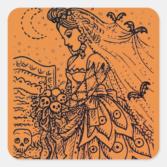 PEGATINA CUADRADA GÓTICO HALLOWEEN BRIDE, PEGATINAS DE VEILES DE MAD (Anverso)