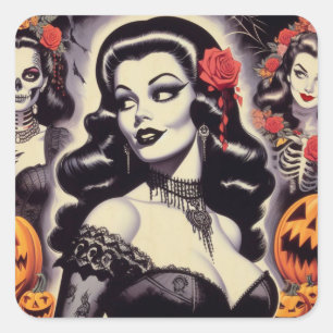 Pegatina Cuadrada Gótico Retro Halloween Pin up