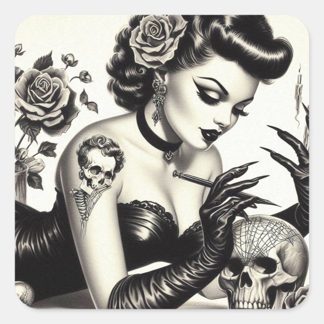 Pegatina Cuadrada Gótico retro tatuado Pin-up (Anverso)