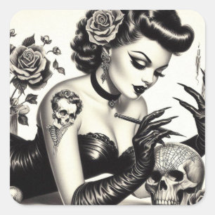 Pegatina Cuadrada Gótico retro tatuado Pin-up