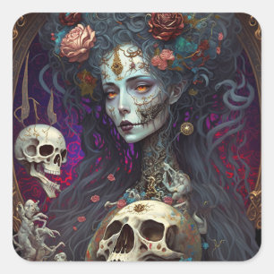 Pegatina Cuadrada Gótico Skull Zombie Mujer Gótica