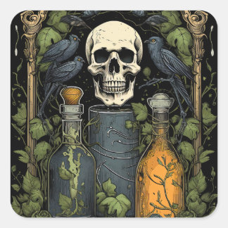 Pegatina Cuadrada Gótico Vintage Skeleton Skull Raven Poison Hallowe
