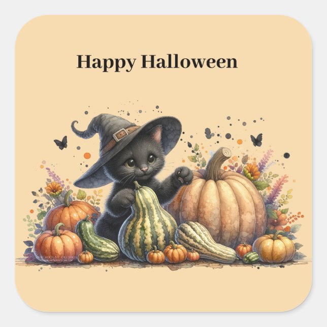 Pegatina Cuadrada Gourds de Halloween Black Witch's Kitten W/ Pumpki (Anverso)