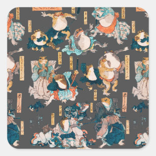 Pegatina Cuadrada Grabado en madera de rana japonesa Kuniyoshi Ukiyo