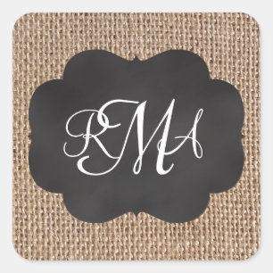 Pegatina Cuadrada Grabado triple monogramado de cartón Burlap