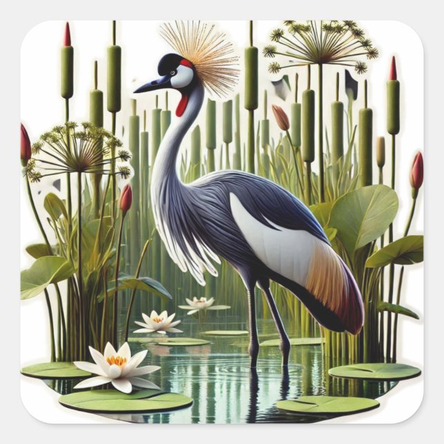 Pegatina Cuadrada Graceful White Crane Painting (Anverso)