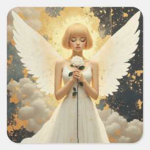 Pegatina Cuadrada Gracia Celestial Ángel Hermoso y Rosa