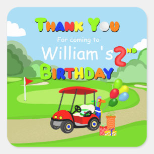 Pegatina Cuadrada Gracias, 2º cumpleaños, Red Golf Cart Boy