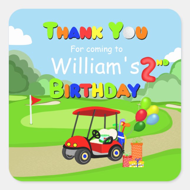 Pegatina Cuadrada Gracias, 2º cumpleaños, Red Golf Cart Boy (Anverso)