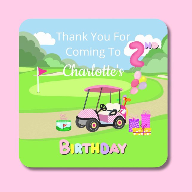 Pegatina Cuadrada Gracias 2 cumpleaños Polka Dot Pink Girly Golf (Subido por el creador)
