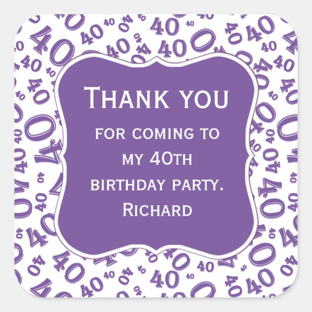 Pegatina Cuadrada Gracias: 40º patrón púrpura/blanco de cumpleaños (Anverso)