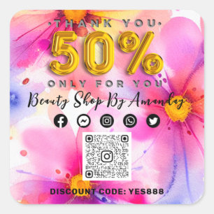 Pegatina Cuadrada Gracias 50% menos de descuento en el logotipo de Q