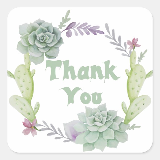 Pegatina Cuadrada Gracias A Green Succulum Y Cactus Floral Wreath (Anverso)