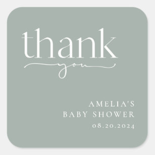 Pegatina Cuadrada Gracias a la Baby Shower verde sabio minimalista