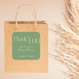 Pegatina Cuadrada Gracias a la Baby Shower verde sabio minimalista
