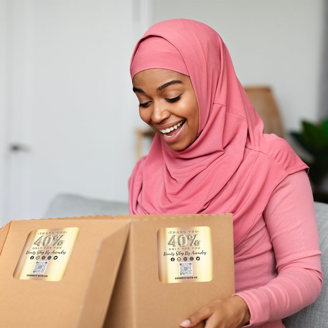 Pegatina Cuadrada Gracias a la compra 40% de descuento de QR CÓDIGO  (Thank Shopping 40%Off QR CODE Faux Gold Square Sticker)