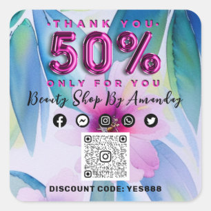 Pegatina Cuadrada Gracias a la compra 50% de descuento QR CÓDIGO Flo