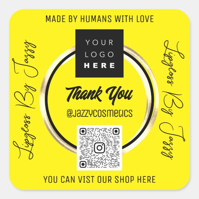 Pegatina Cuadrada Gracias a la empresa QR Code Logo Scan Me Yellow (Anverso)